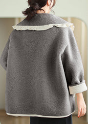 Plus Size Grey Peter Pan Collar Pockets Teddy Faux Fur Coat Winter