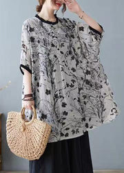 Plus Size Grey Print Ruffled Patchwork Tops Short Sleeve