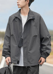 Plus Size Grey Stand Collar Drawstring Cotton Coats Mens Coats Spring