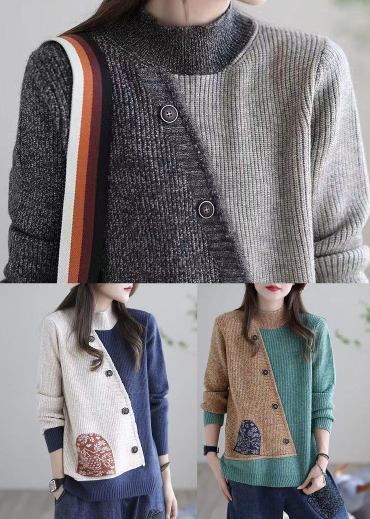 Plus Size Grey Stand Collar Patchwork Button Knit Sweaters Winter