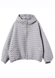 Plus Size Grey Striped Button Fine Cotton Filled Parka Winter