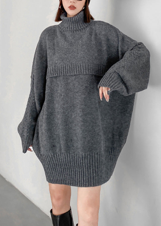 Plus Size Grey Turtleneck Cozy Chunky Oversized Knitted Cotton Sweater Winter