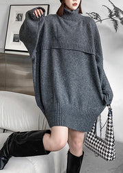 Plus Size Grey Turtleneck Cozy Chunky Oversized Knitted Cotton Sweater Winter