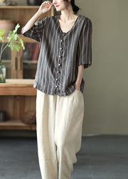 Plus Size Grey V Neck Striped Button Linen Shirts Half Sleeve