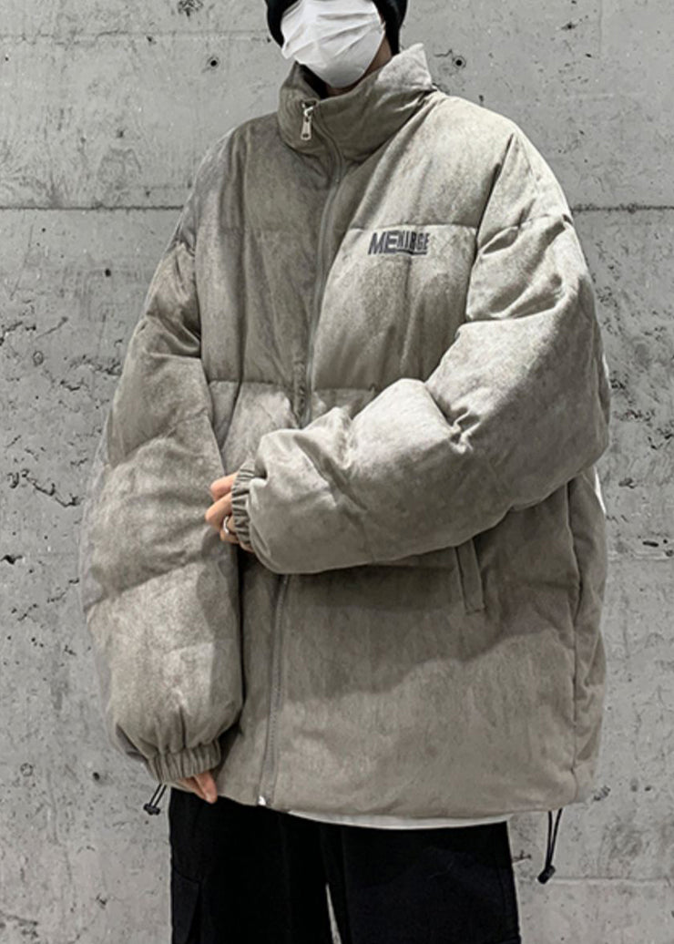 Plus Size Grey Zip Up Print Pockets Men Parkas Winter