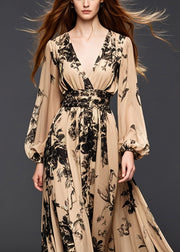 Plus Size Khaki Cinched Print Chiffon Dresses Fall