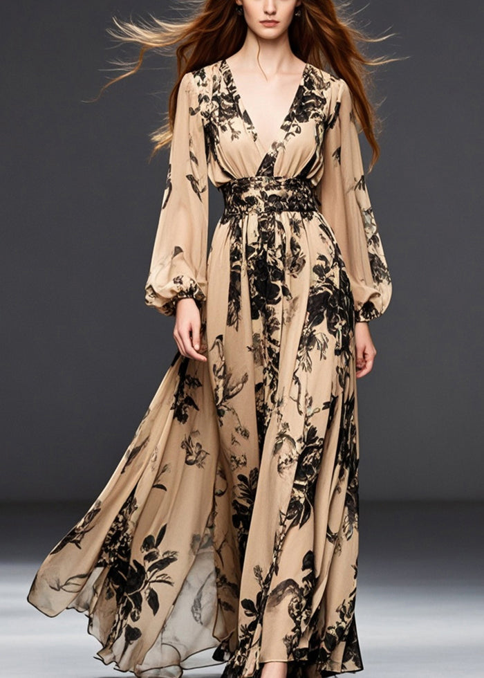 Plus Size Khaki Cinched Print Chiffon Dresses Spring