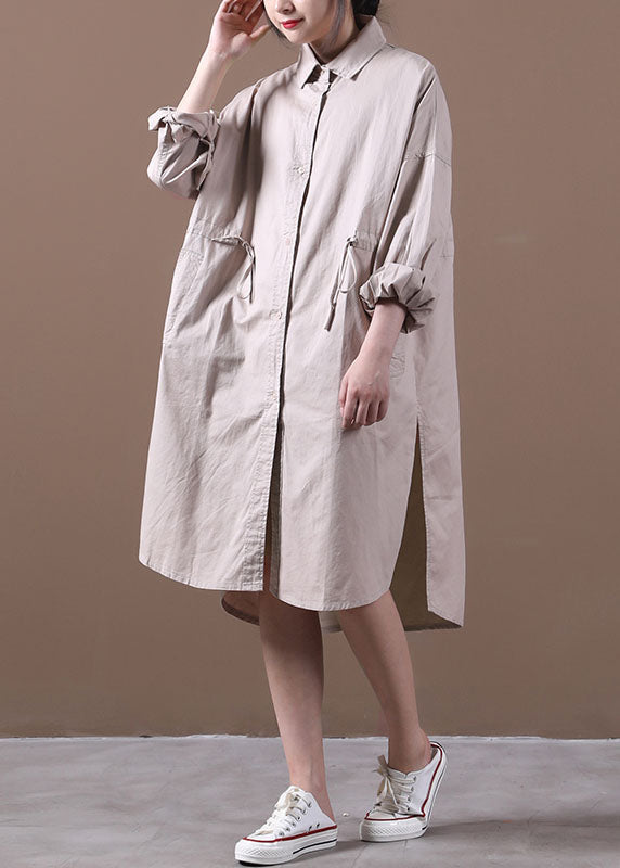 Plus Size Khaki Drawstring Side Open Cotton Shirt Dress Long Sleeve