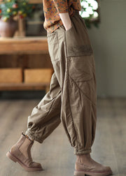 Plus Size Khaki Elastic Waist Patchwork Fine Cotton Filled Harem Pants Winter