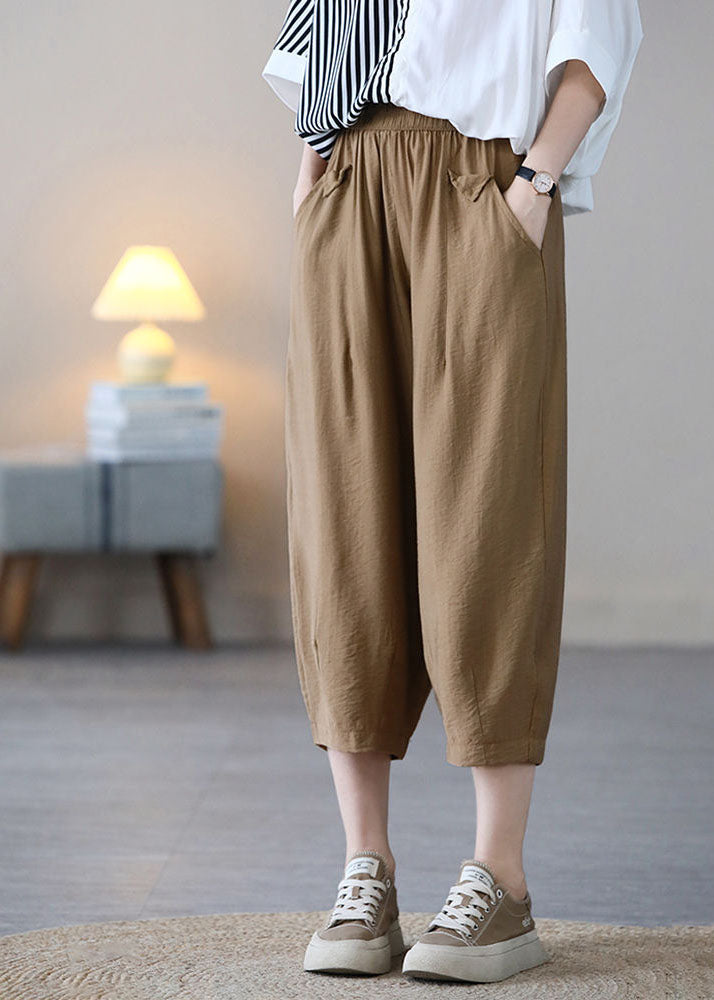 Plus Size Khaki Elastic Waist Solid Color Pockets Cotton Harem Pants Summer