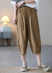 Plus Size Khaki Elastic Waist Solid Color Pockets Cotton Harem Pants Summer