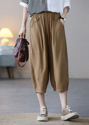 Plus Size Khaki Elastic Waist Solid Color Pockets Cotton Harem Pants Summer