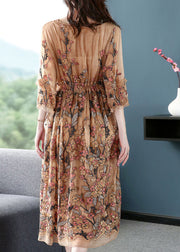 Plus Size Khaki Embroideried Cinched Silk Maxi Dresses Bracelet Sleeve