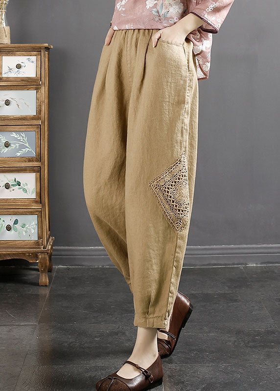 Plus Size Khaki Embroidered Floral Linen Crop Pants Summer