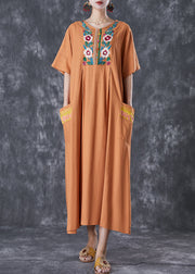 Plus Size Khaki Embroideried Linen Maxi Dress Summer