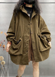 Plus Size Khaki Hooded Drawstring Big Pockets Cotton Coats Spring