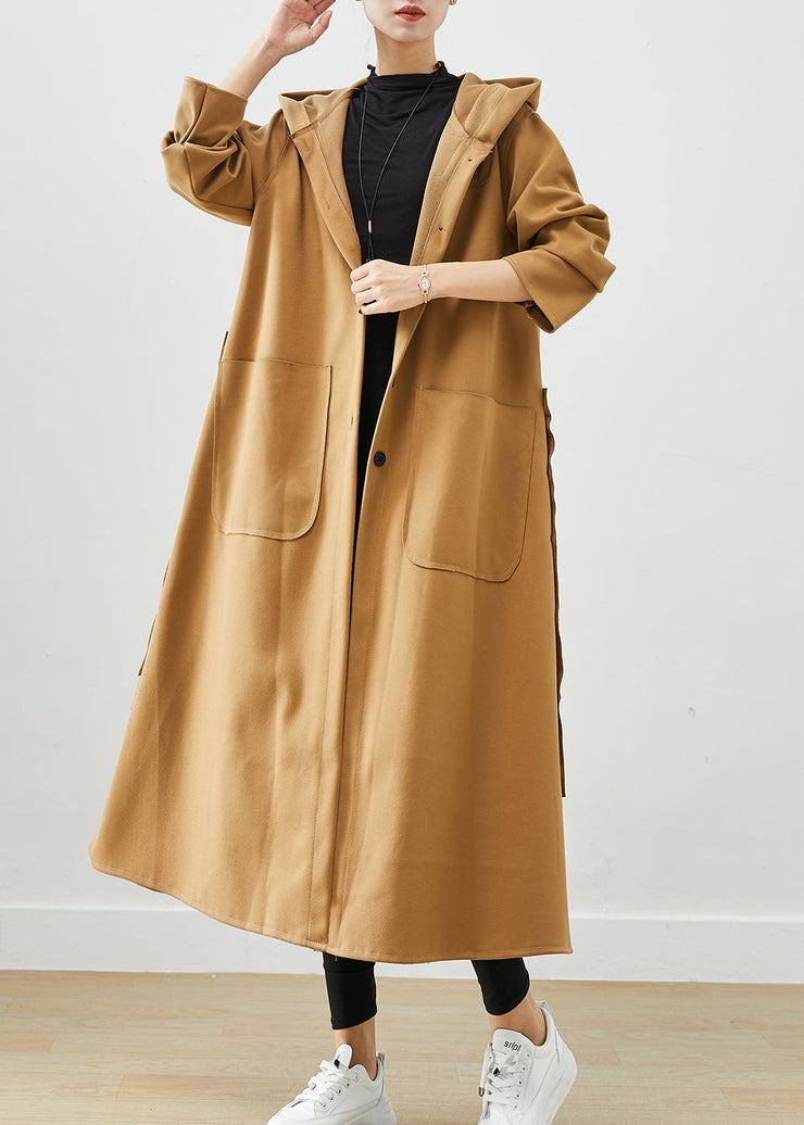 Plus Size Khaki Hooded Pockets Cotton Trench Fall