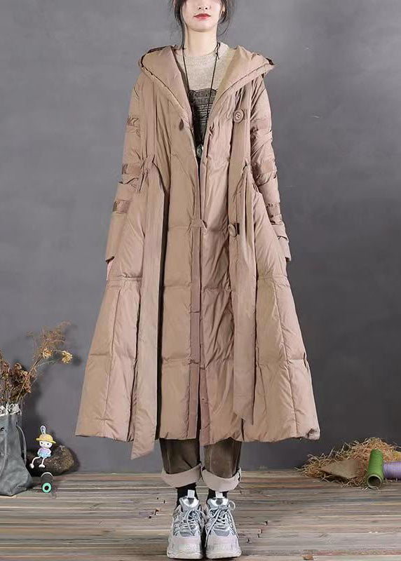 Plus Size Khaki Hooded Tie Waist Patchwork Duck Down Long Coat Winter