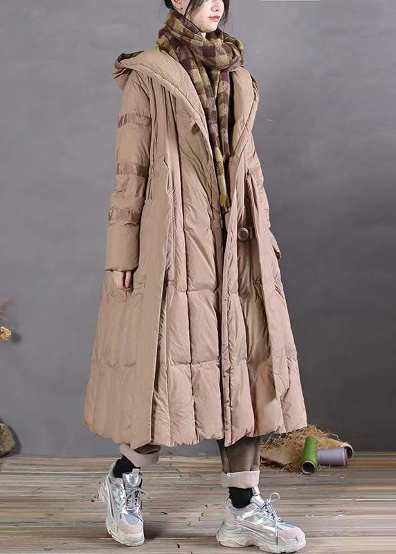 Plus Size Khaki Hooded Tie Waist Patchwork Duck Down Long Coat Winter