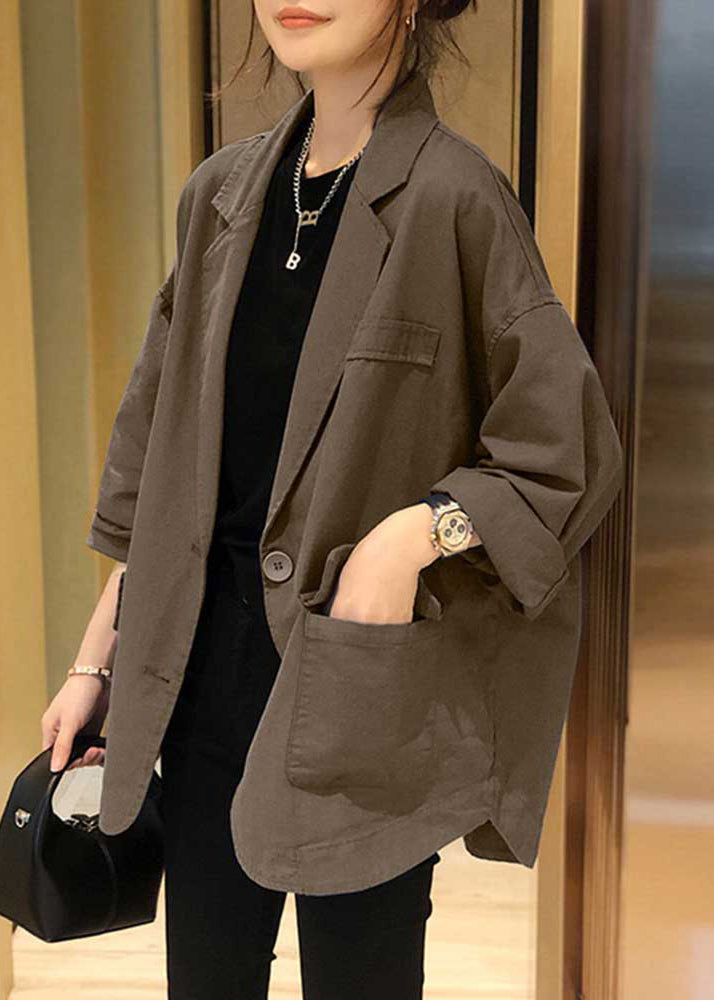 Plus Size Khaki Notched Pockets Patchwork Cotton Coats Fall