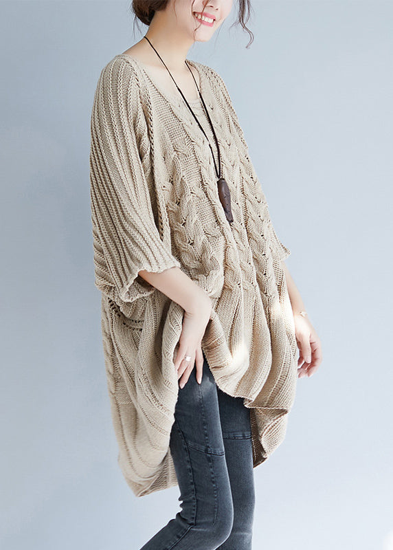 Plus Size Khaki O Neck Hollow Out Knit Tops Batwing Sleeve