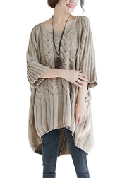 Plus Size Khaki O Neck Hollow Out Knit Tops Batwing Sleeve