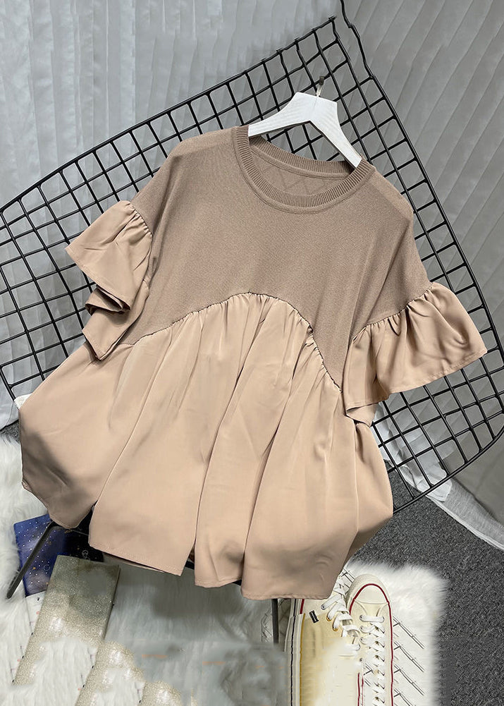 Plus Size Khaki O Neck Knit Patchwork Chiffon T Shirt Summer