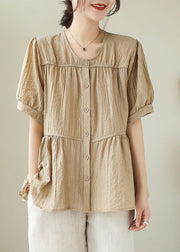 Plus Size Khaki O-Neck Patchwork Wrinkled Cotton Shirt Summer