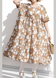 Plus Size Khaki O Neck Print Cotton Dresses Summer