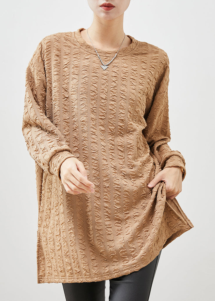 Plus Size Khaki Oversized Jacquard Cotton Shirt Spring