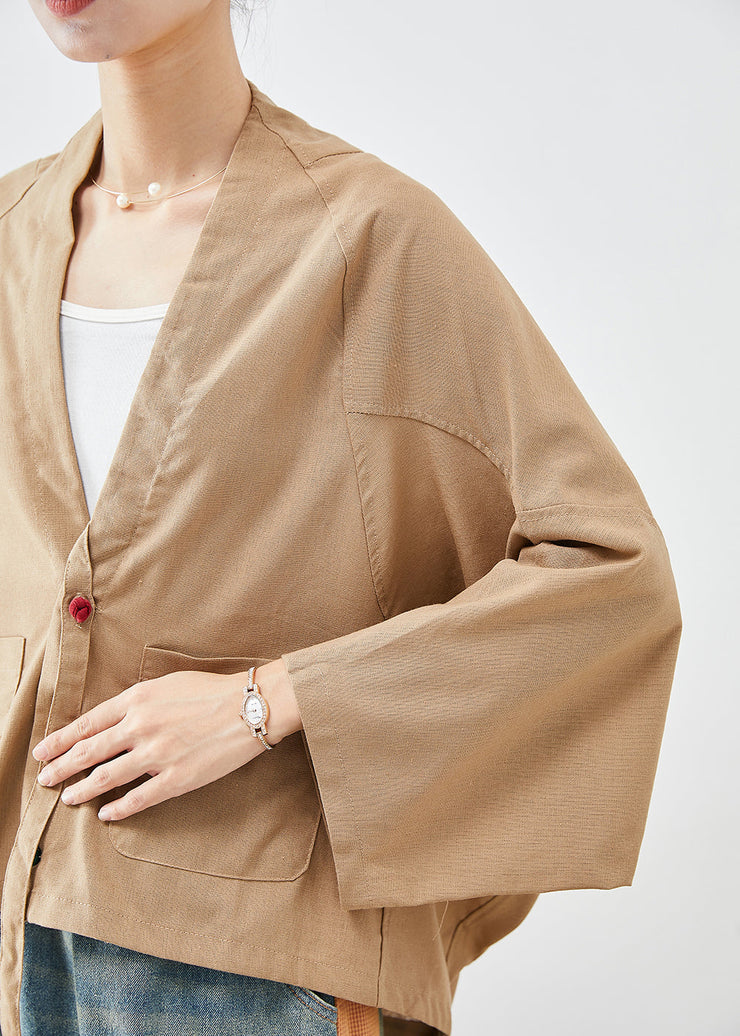 Plus Size Khaki Oversized Pockets Linen Jackets Batwing Sleeve