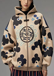 Plus Size Khaki Oversized Print Cotton Hoodies Outwear Fall