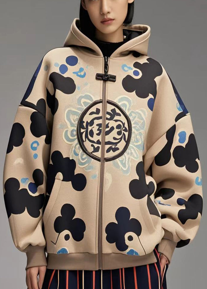 Plus Size Khaki Oversized Print Cotton Hoodies Outwear Fall