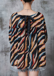 Plus Size Khaki Oversized Striped Chiffon Tops Summer