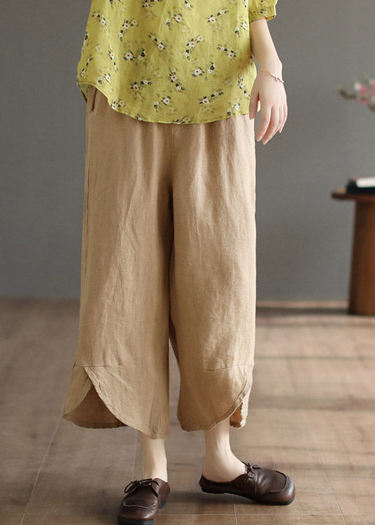 Plus Size Khaki Patchwork Elastic Waist Solid Linen Wide Leg Pants