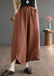 Plus Size Khaki Patchwork Elastic Waist Solid Linen Wide Leg Pants