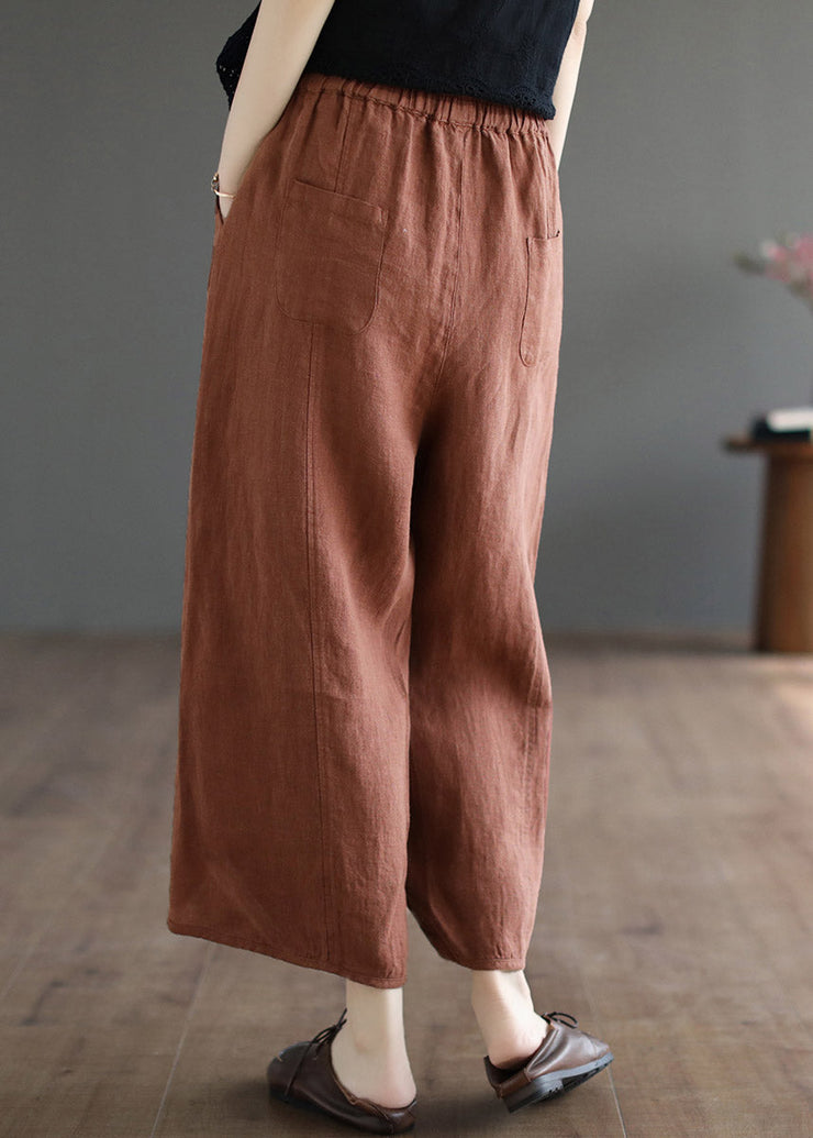 Plus Size Khaki Patchwork Elastic Waist Solid Linen Wide Leg Pants