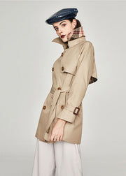 Plus Size Khaki Peter Pan Collar Sashes Cotton Double Breasted Trench Spring