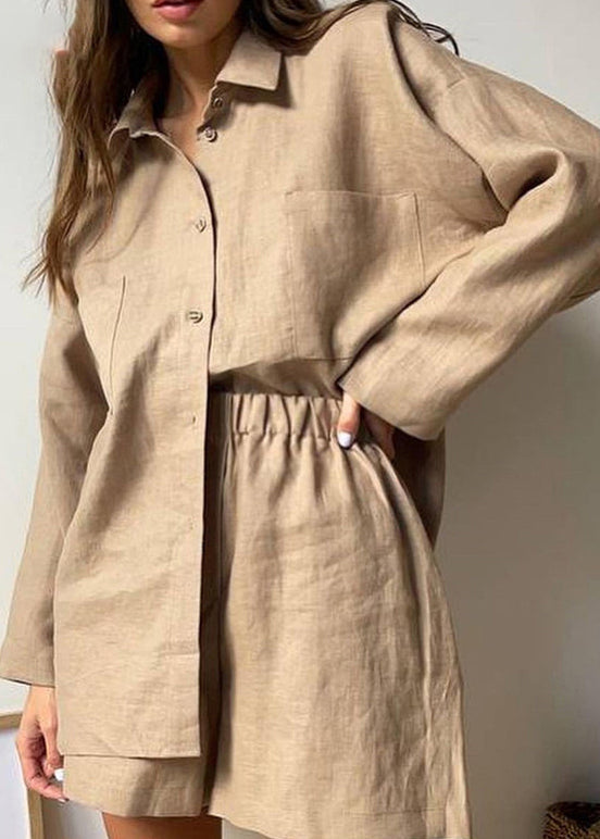 Plus Size Khaki Peter Pan Collar Shirt And Shorts Two Piece Set Spring