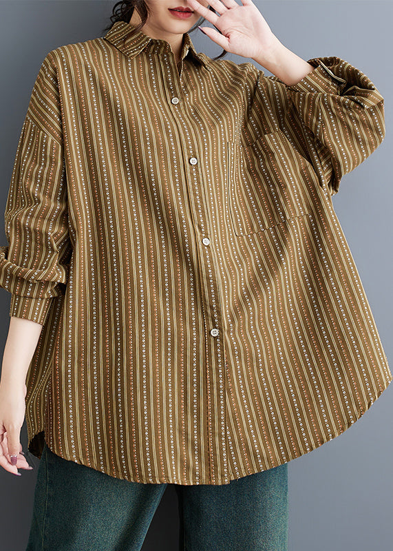 Plus Size Khaki Peter Pan Collar Striped Cotton Shirts Spring