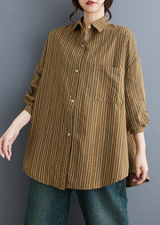 Plus Size Khaki Peter Pan Collar Striped Cotton Shirts Spring