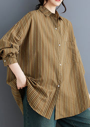 Plus Size Khaki Peter Pan Collar Striped Cotton Shirts Spring