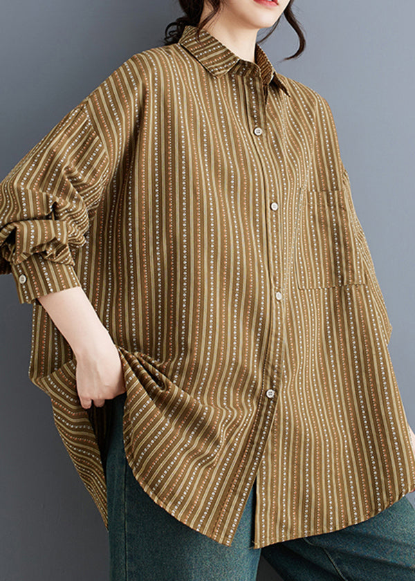 Plus Size Khaki Peter Pan Collar Striped Cotton Shirts Spring