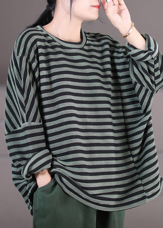 Plus Size Khaki Striped O-Neck Patchwork Sweatshirts Fall