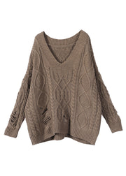 Plus Size Khaki V Neck Cotton Knit Sweaters Fall