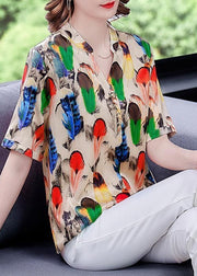 Plus Size Khaki V Neck Print Silk Shirt Tops Short Sleeve