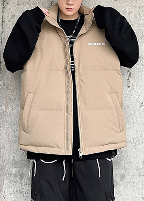 Plus Size Khaki Zippered Letter Men Puffer Vest Sleeveless