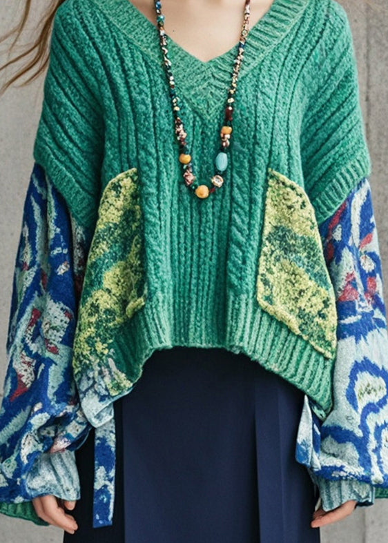 Plus Size Lake Green Oversized Patchwork Knit Sweater Fall