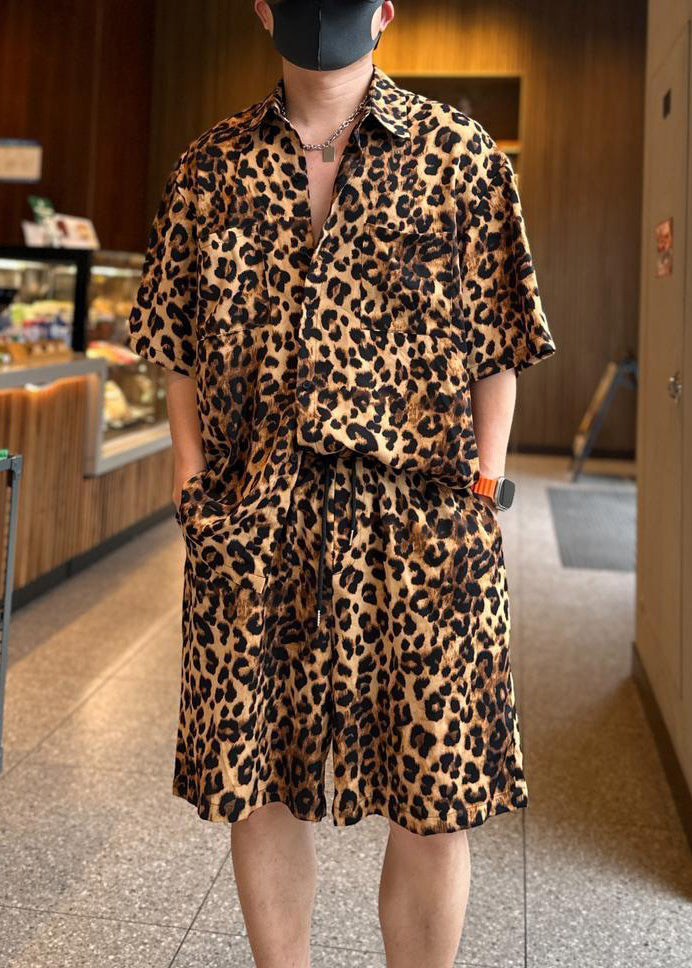 Plus Size Leopard Peter Pan Collar Pockets Cotton Mens Two Pieces Set Summer
