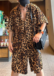Plus Size Leopard Peter Pan Collar Pockets Cotton Mens Two Pieces Set Summer